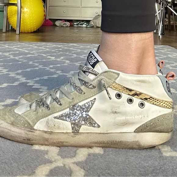 Golden Goose Women’s Deluxe Brand Mid Star Python Silver Glitter Sneakers - Picture 1 of 10